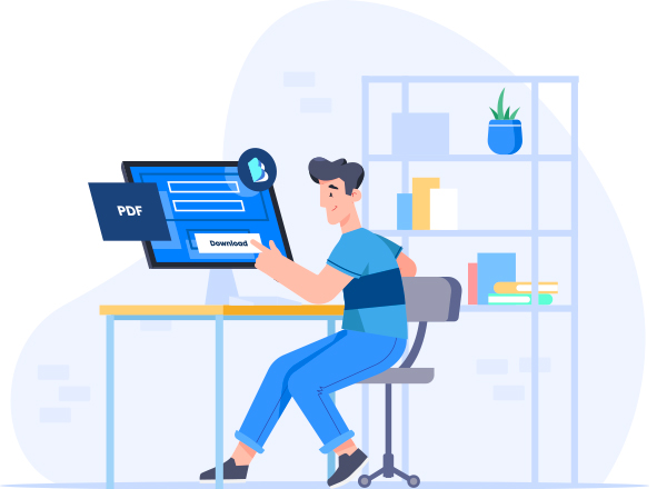 an illustration showing a man sitting in front of a desk is downloading a file