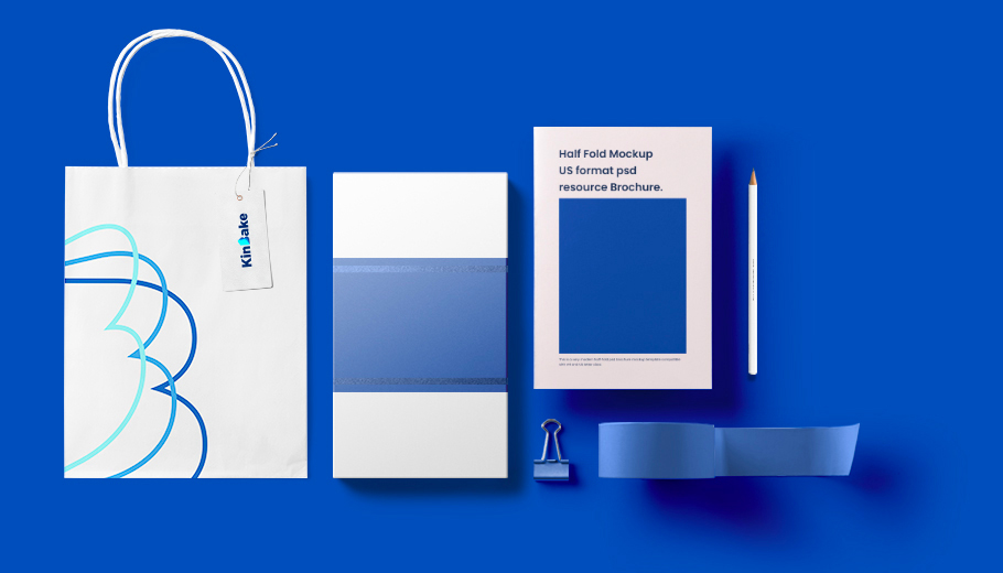 a blue gift set including paper bag, paper box, pen and binder clips