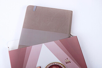 a notebook packaged with a customized box with printed graphs.
