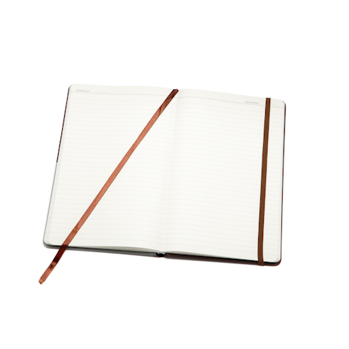 custom hardcover notebook open with bookmark and elastic bnd