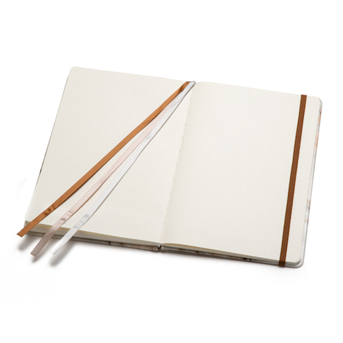 blank open marble hardcover notebook with bookmark and elastic band