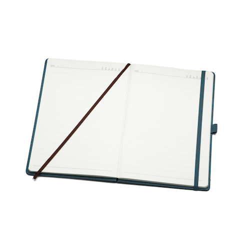 hardcover notebook ruled open with bookmark and elastic band