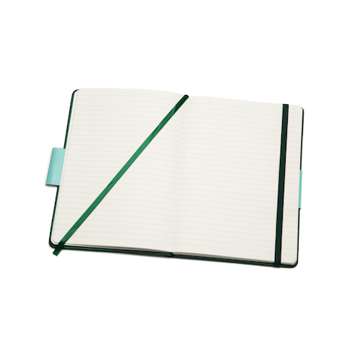 ruled hardcover notebook open with bookmark and elastic band
