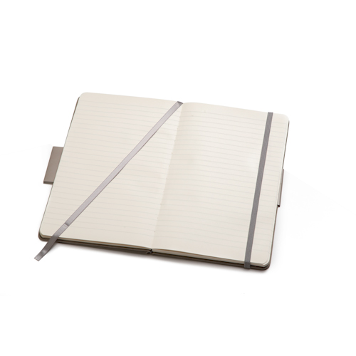 ruled open notebook with bookmark and elastic band